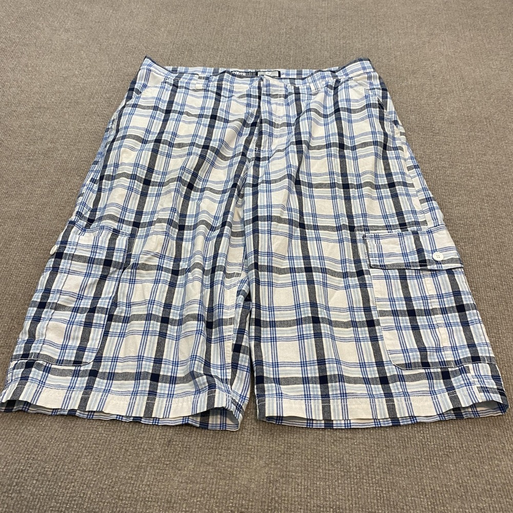 Southpole Shorts Mens 36 Blue Plaid Cargo Cotton Relaxed Fit 15 Inch Inseam Y2K